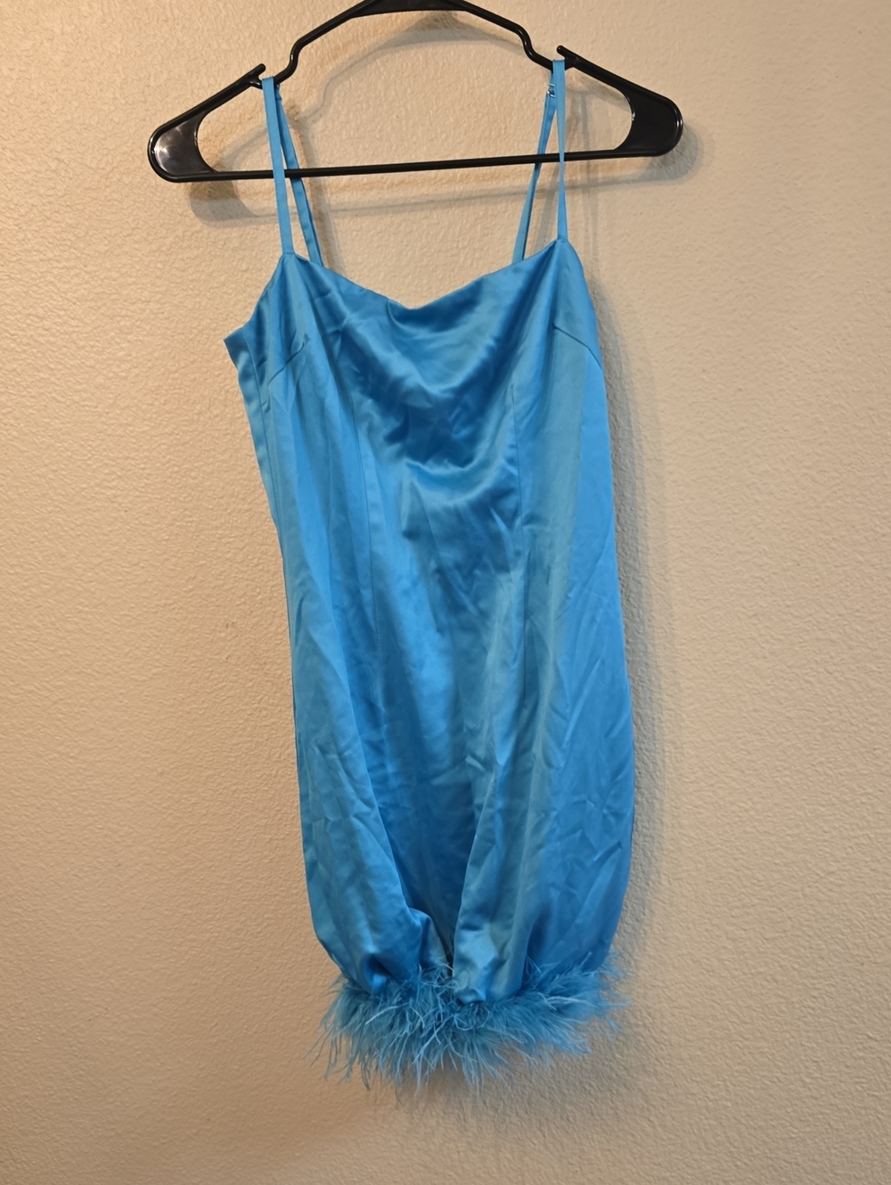 Feather-Hem Satin Mini Dress in Sky Blue